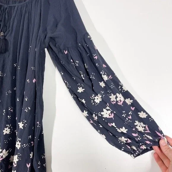 Billabong Gypset Mini‎ Dress Womens Floral Pleasant Long Sleeve Tunic Blue Small - Picture 3 of 10